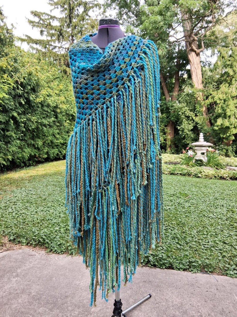 Boho Turquoise Blue and Green Full Thick Fringe Shawl Shrug - Picture 3 of 14